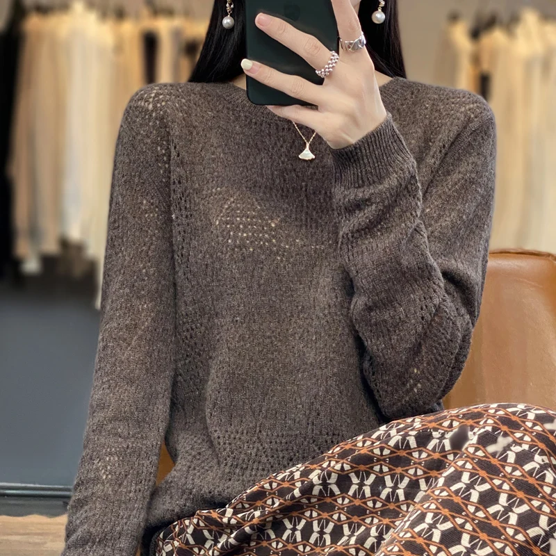 Women 100% Pure Merino Wool Sweater Round Collar Diamond Square Hollow Pullover Spring Autumn Basis Casual Warm Knitting Top 6
