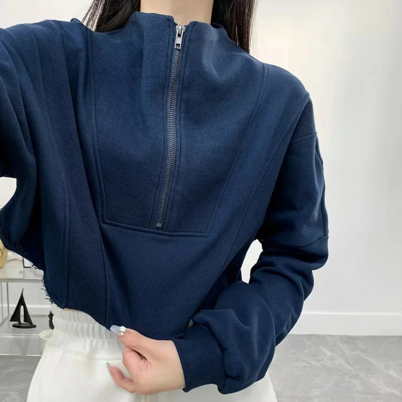 Sun-imperial Oversized Half Zip Cropped Sweatshirt Drop Shoulder With Raw Hem Detail