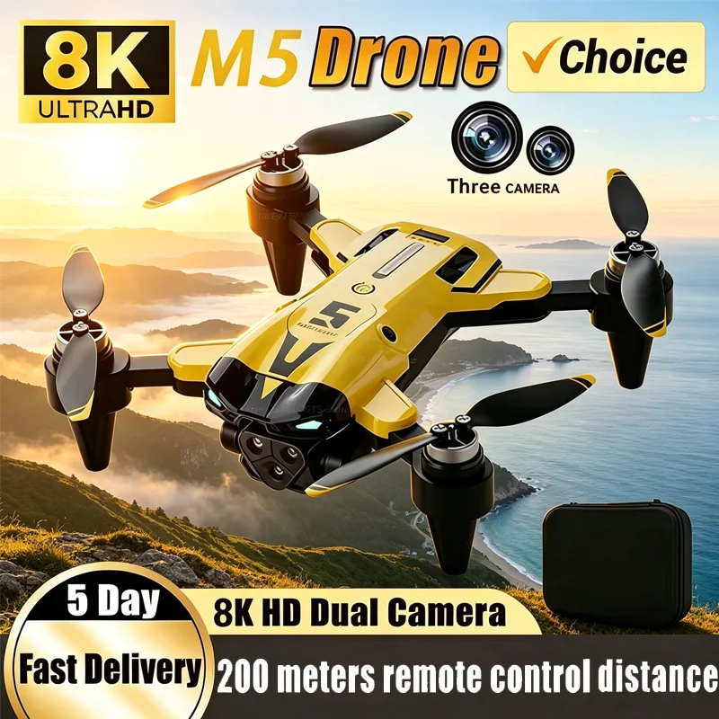Nuovo Drone M5 2026 con Tripla Fotocamera 8K HD, GPS e Sistema di Evitamento Ostacoli, Elicottero 360° ° Drone RC Pieghevole con Funzione Flip e Posizionamento GPS
