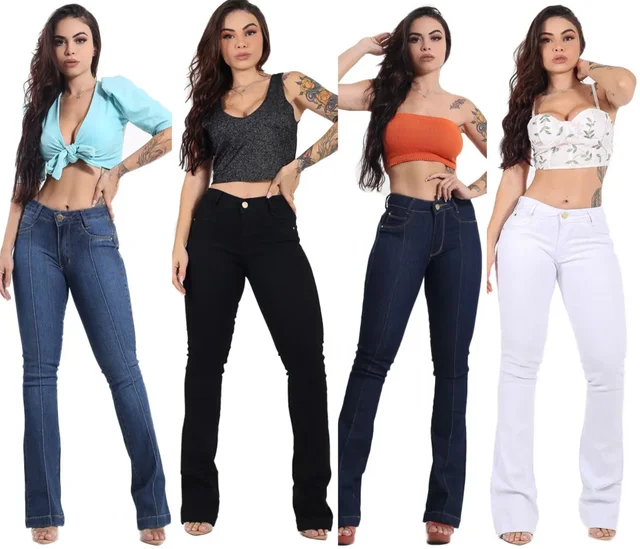Kit 4 Calça Flare Feminina Jeans Branca Preta Azul Clara Stone Azul Escuro Amaciada 31