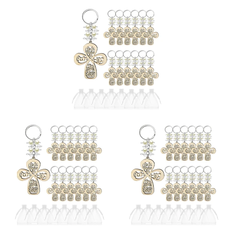 

60Pcs Baptism Favor Keychain Cross Wooden Key Ring Christening Wood Design Key Ring With Bag For First Communion