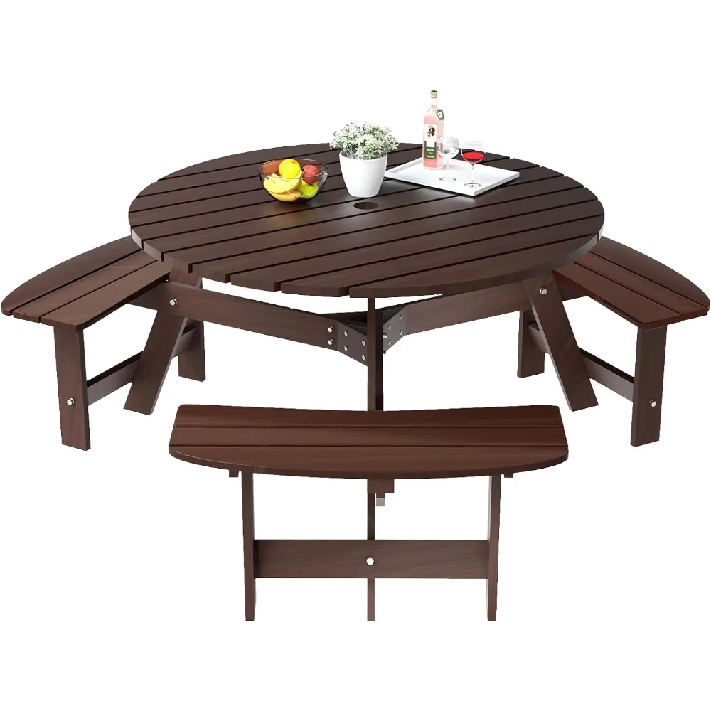 

Backyard Outdoor Table Garden Adults and Kids Picnic Outdoor Round Table With Umbrella Hold Design for Patio Camping Chair Brown