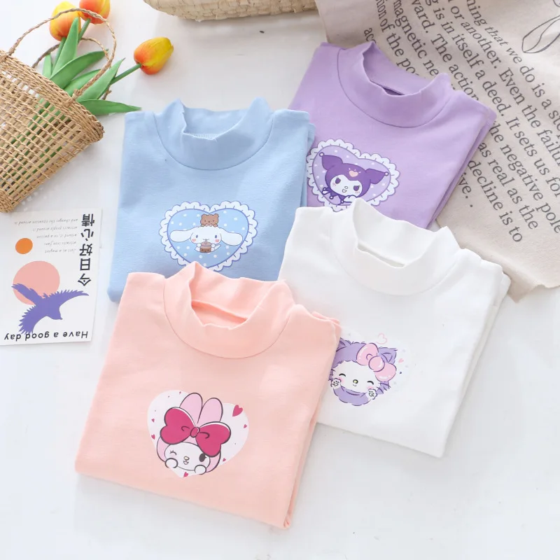

Mymelody Girls' Base Shirt Kuromi Cinnamoroll Sanrio Spring and Autumn Wear Half Turtleneck Baby Girl T-Shirt Children's Top