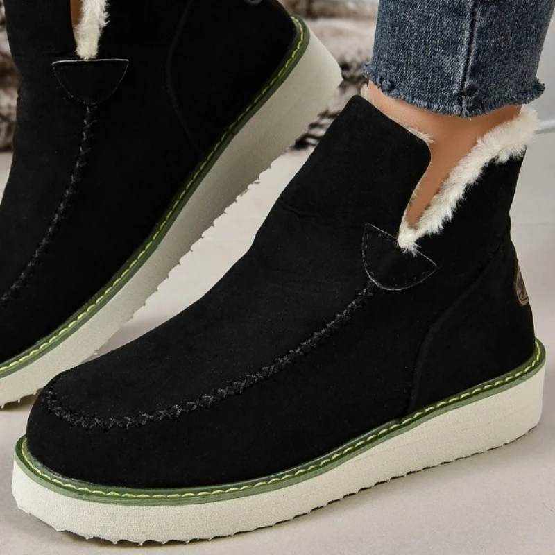 2023 New Women's Shoes Slip on Women's Boots Winter Plush Warm Round Toe Solid Flock Casual Short Barrel Low-heeled Snow Boots