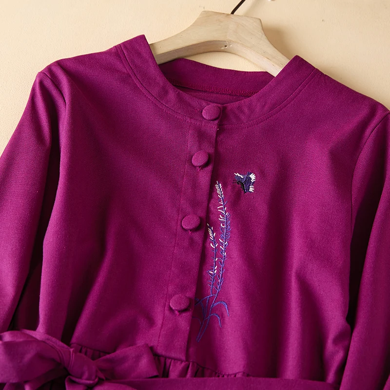 Autumn Winter Cotton Linen Embroidery Long Sleeve Dresses For Women Vintage Casual Loose Elegant Dress Ladies Fashion Clothing