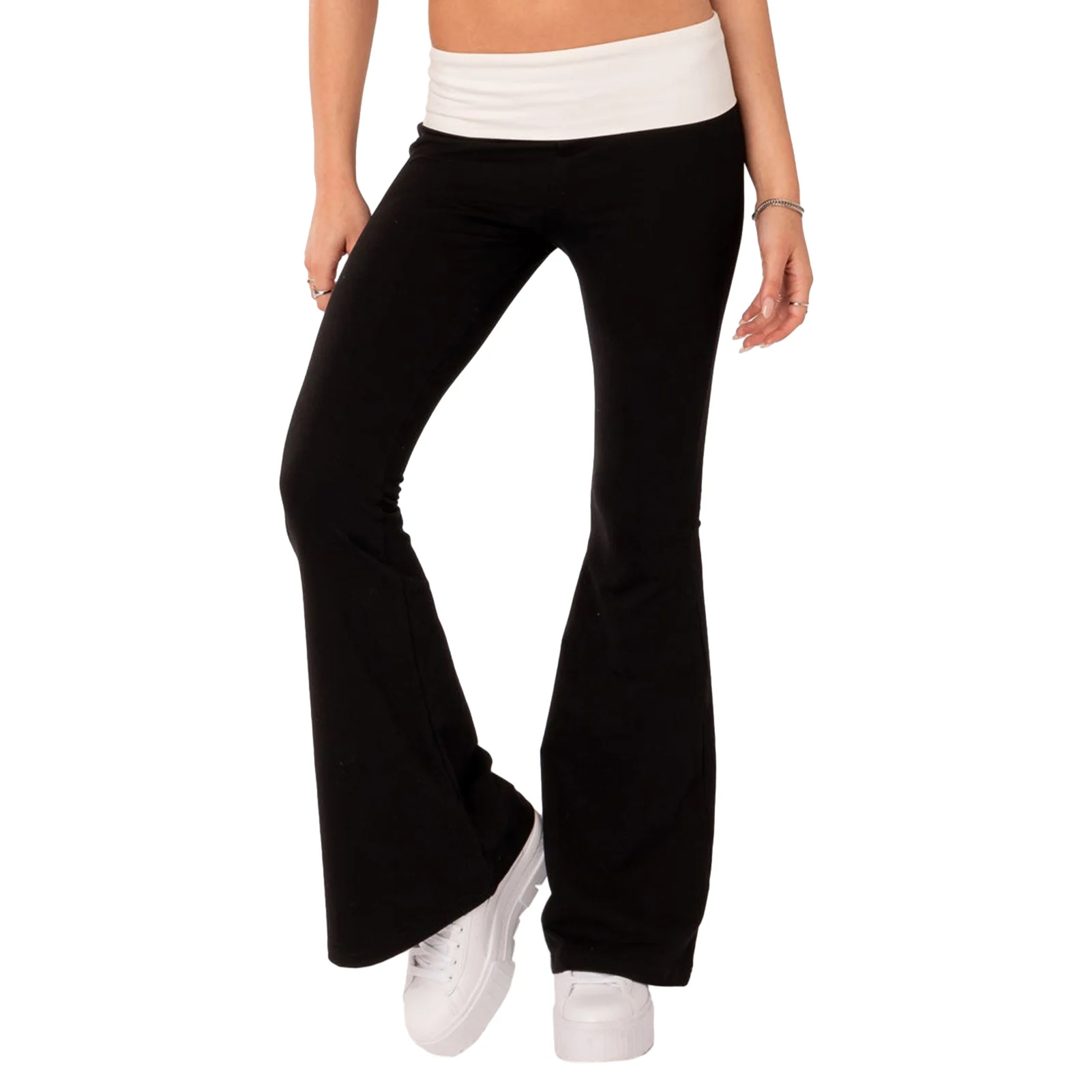 Women Low Waisted Pants Tummy Control Bell Bottom Pants Solid Color Stretchy Leggings Foldover Trousers Workout Pants
