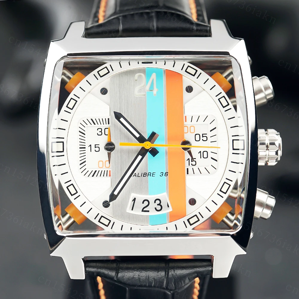 2022Fashion New Men's Color Bar Square Dial Sapphire Mirror Stainless Steel Leather Strap Sports Leisure Waterproof Quartz Watch