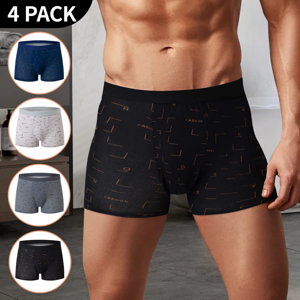 Printed Boyshort Underwear 4-piece MEN'S Comfortable and Fashionable Plus-size Printed Boyshort Maximum 6XL Swimming Trunks for Teenagers