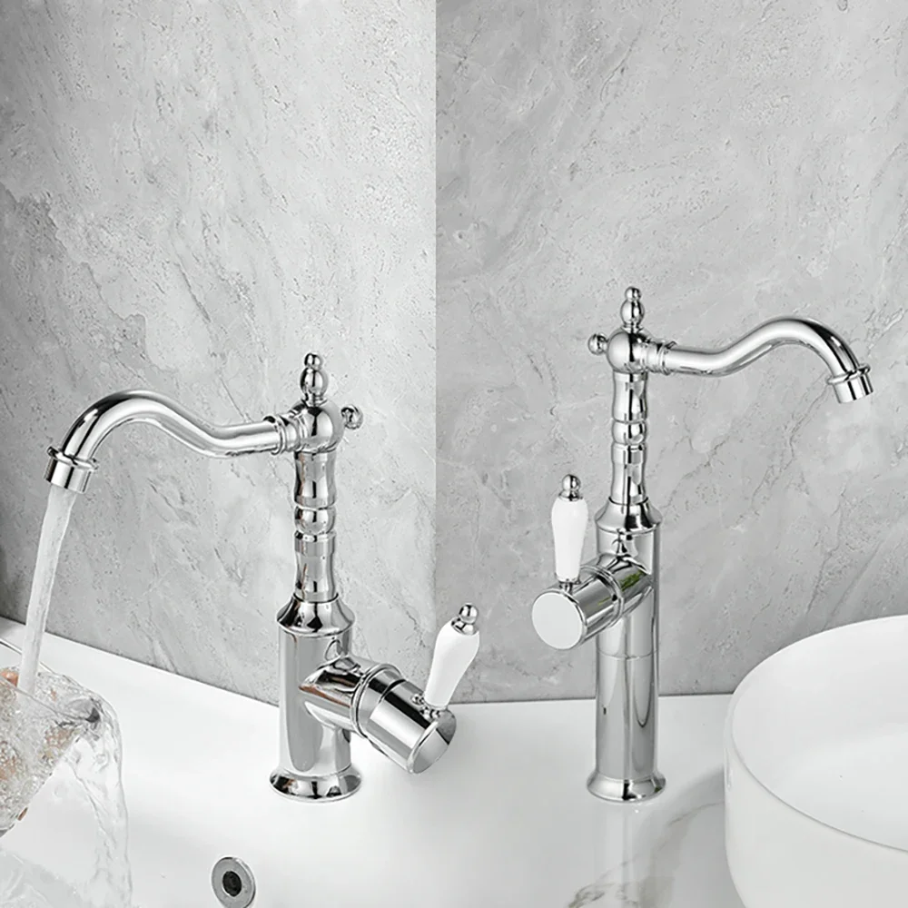 Antique Bathroom Faucet Household Sink Basin Faucet Deck Mounted Mixer Hot Cold Crane Water Tap One Hole Vanity Washbasin Faucet
