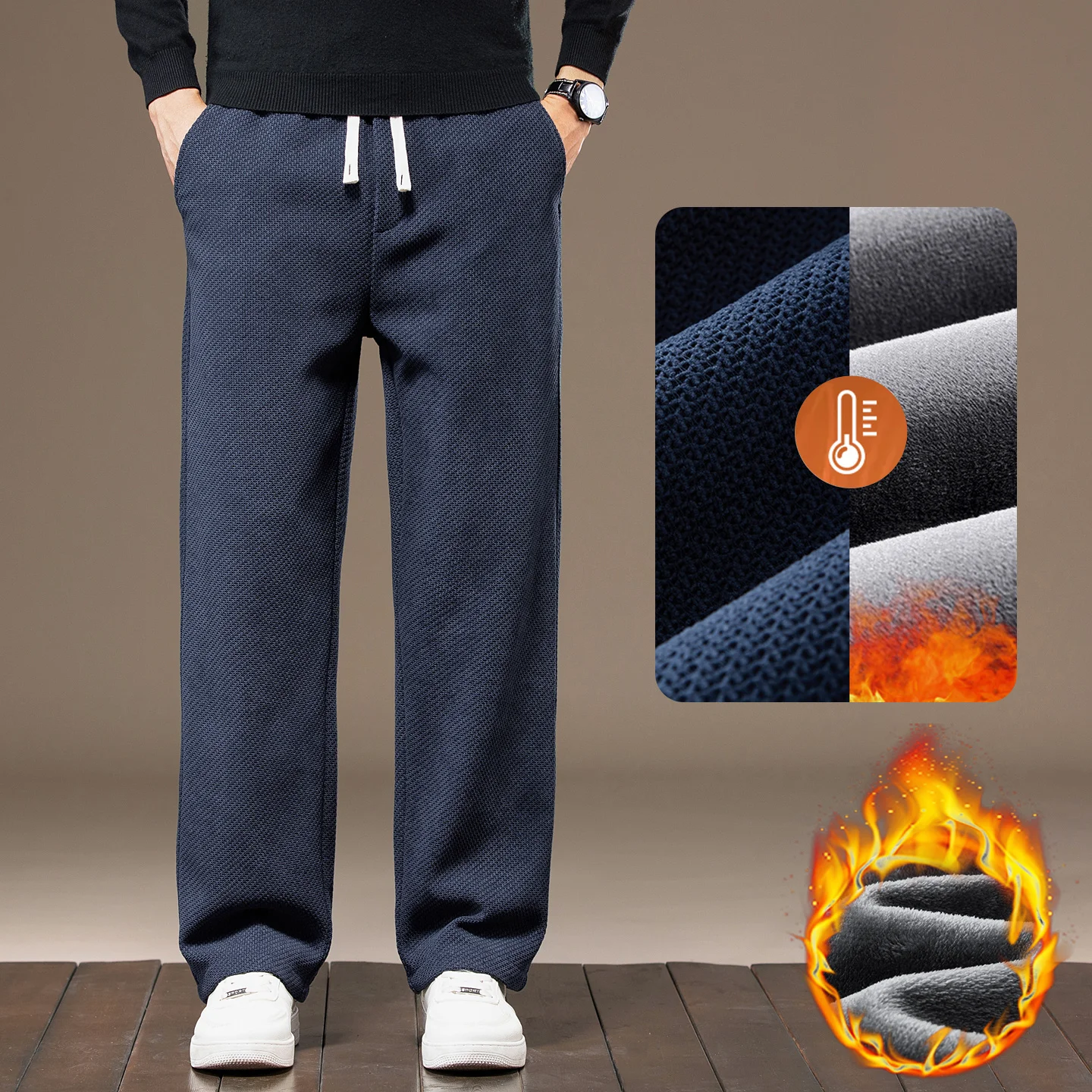Winter Fleece Knitted Pants Men Drawstring Elastic Waist Outdoors Jogging Flocking Straight Trousers Male