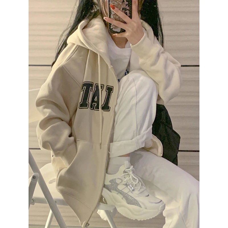 

Loose Letter Spell Color Simple Hoodies Basic Office Lady Spell Color Zip-up O-neck Casual Streetwear Winter Women Hoodie
