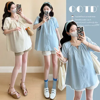 Maternity Set 2026 Summer New Sweet Cute Breathable Comfortable Short Sleeve Doll Shirt And Shorts Two Piece Set For Pregnancy