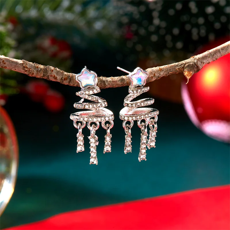 Licht Luxus Bunte Weihnachtsbaum Quaste Ohrringe für Frauen Trendy Strass Bogen Stern Ohrringe Party Schmuck Geschenke – Detail 3