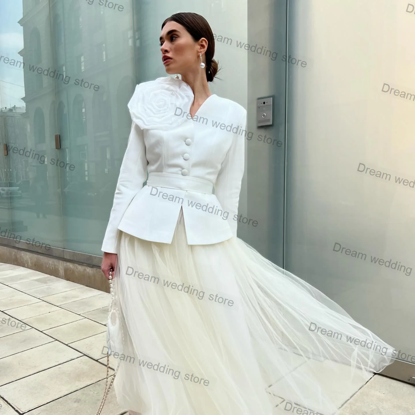 

White Women Suits Skirt Set 2 Pcs Blazer+Tulle Prom Dress 3D Flower Wedding Guest Bride Formal Office Lady Jacket With Belt