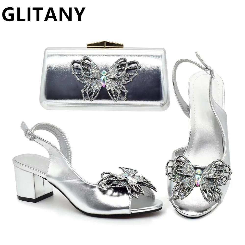 

Latest Italian High Fashion Shoes and Bags Matching Set Decorated with Diamond Butterfly Africa Shoe and Bags Set for Wedding