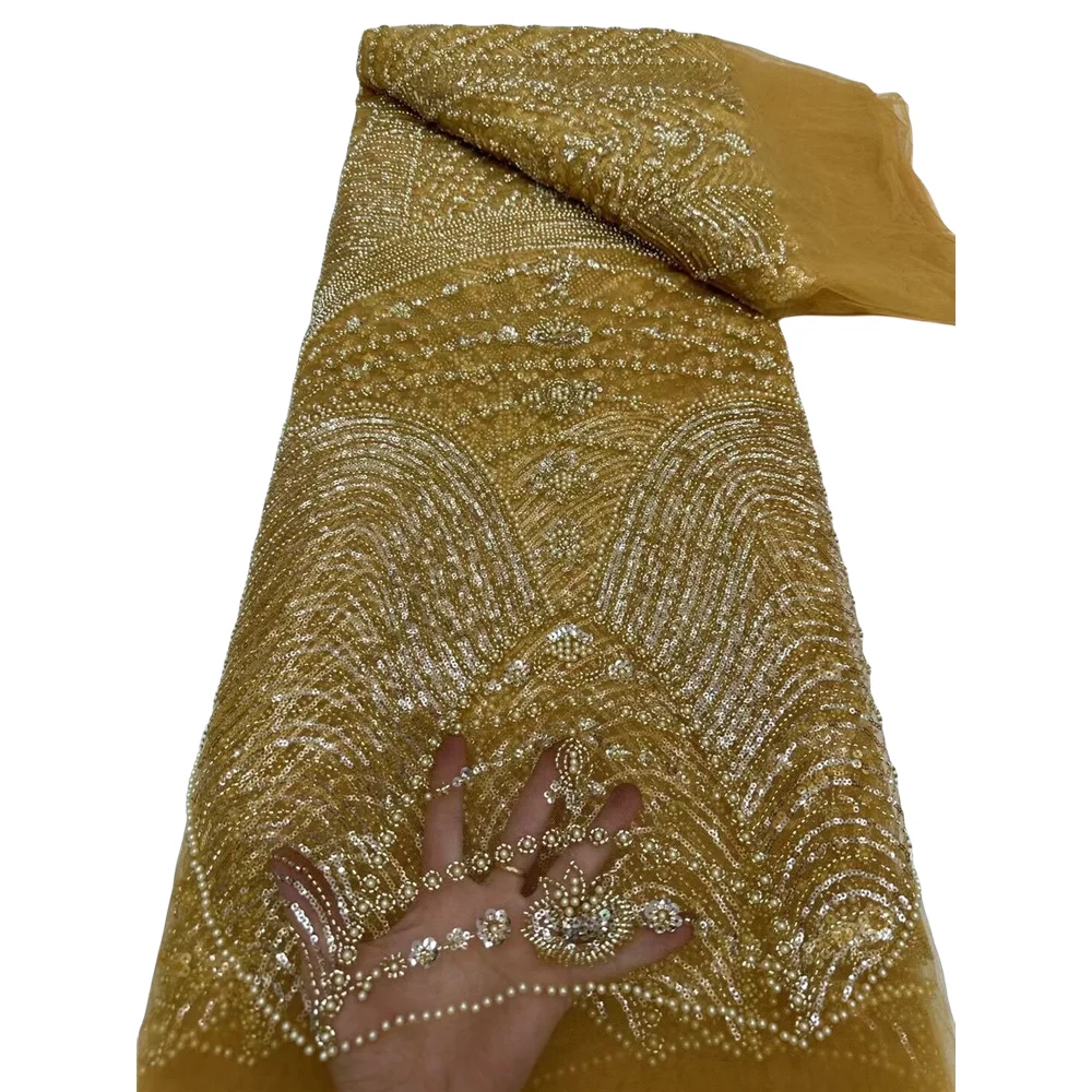 

French Mesh Tulle Lace Fabric With Beads SYJ-1401922 High Quality African Net Sequined Lace Fabric For Luxury Women Wedding