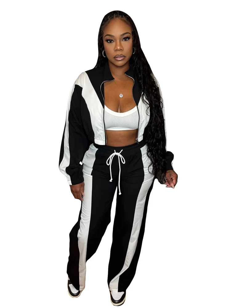 Sexy Patchwork Trainingsanzug Damen Outfit 2-teiliges Set Herbst Langarm Crop Top Hose Passendes Set Damen Casual Zweiteiler – Detail 5