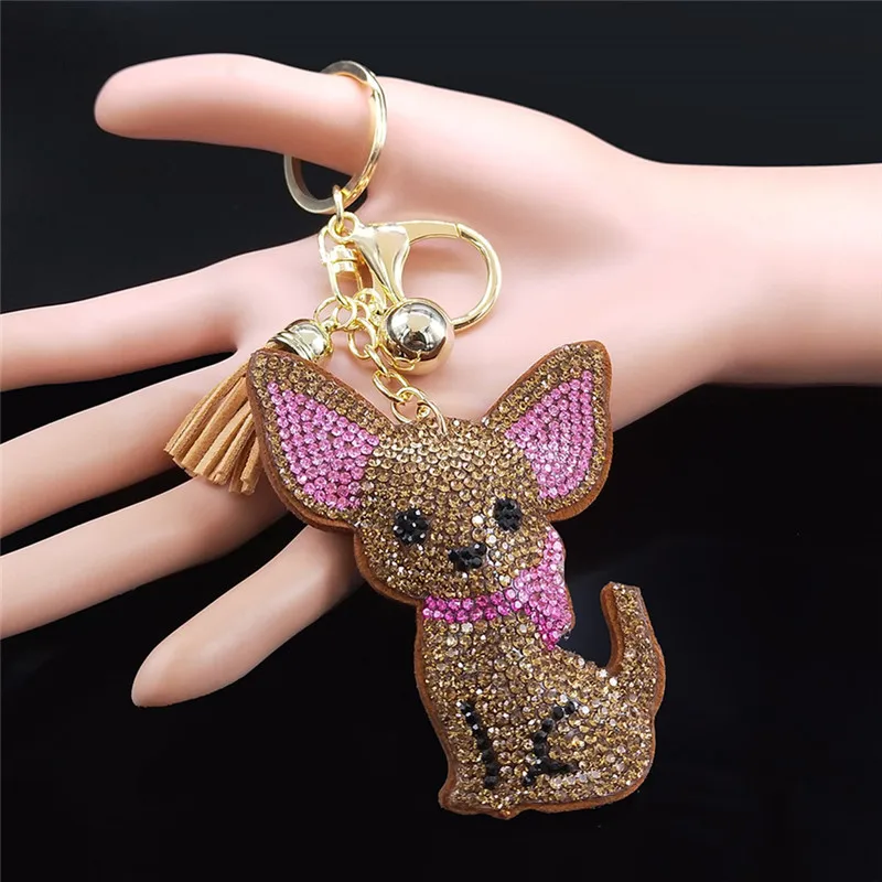 Cute Chihuahua Dog Crystal Keychain Bag Accessories for