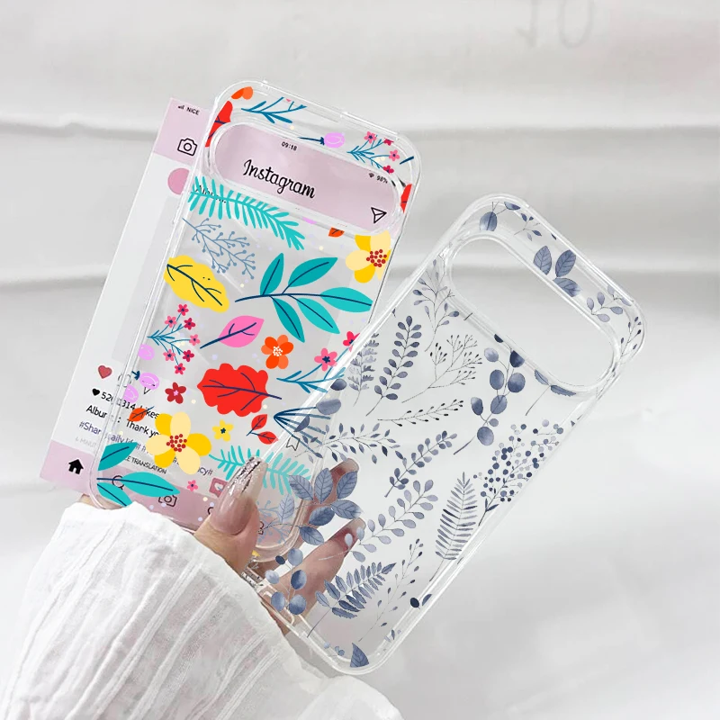 Retro Blue Leaf & Pink Rose Floral Clear Phone Case - Soft TPU Cover Shell