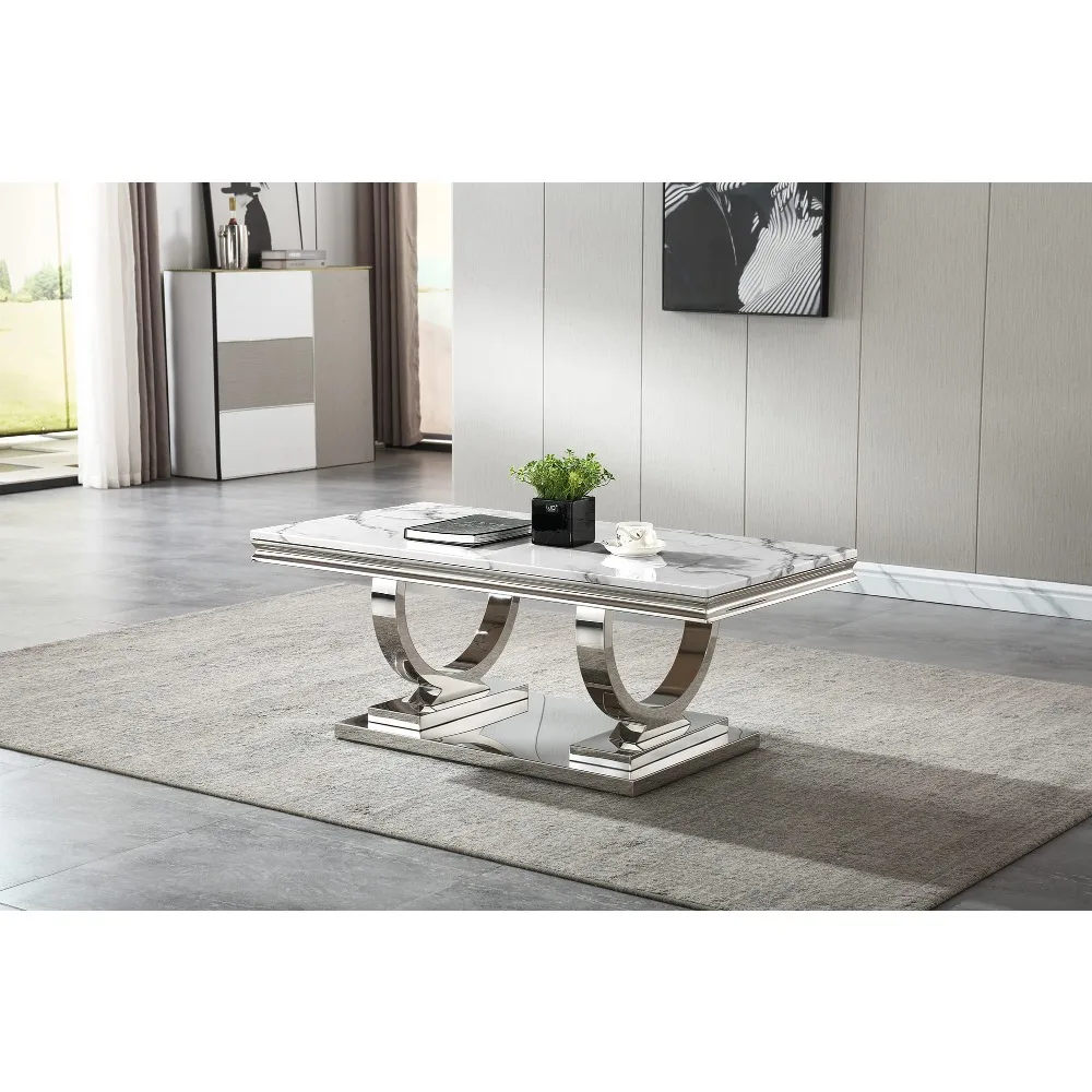 Marble Top Coffee Table, Rectangular Living Room Table Marble Cocktail Table Mirrored Stainless Steel U-Base, Sofa Coffee Table 6