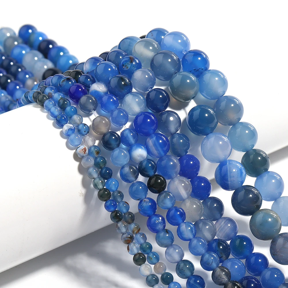 Strand Natural Blue Agate Stone Bead Round Gemstone Beads