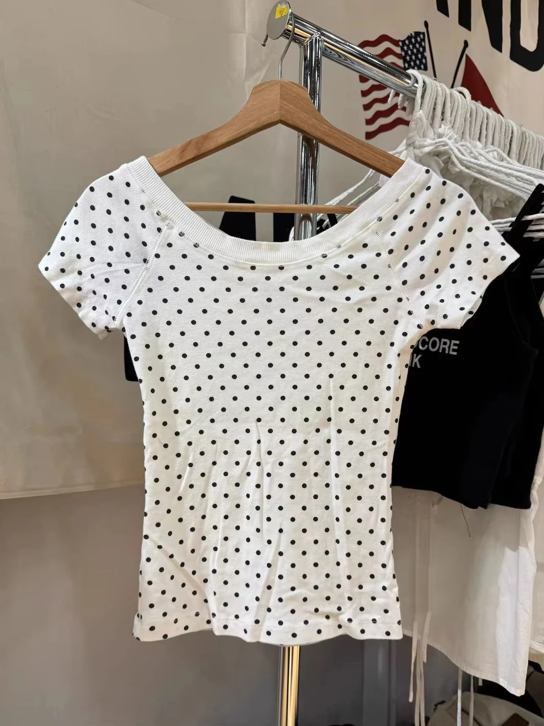 Slash Neck Short Raglan sleeve Cotton Tee Shirts Women Casual Preppy Style White Slim Tshirts Female Sweet Polka Dot T-shirt Y2K 3