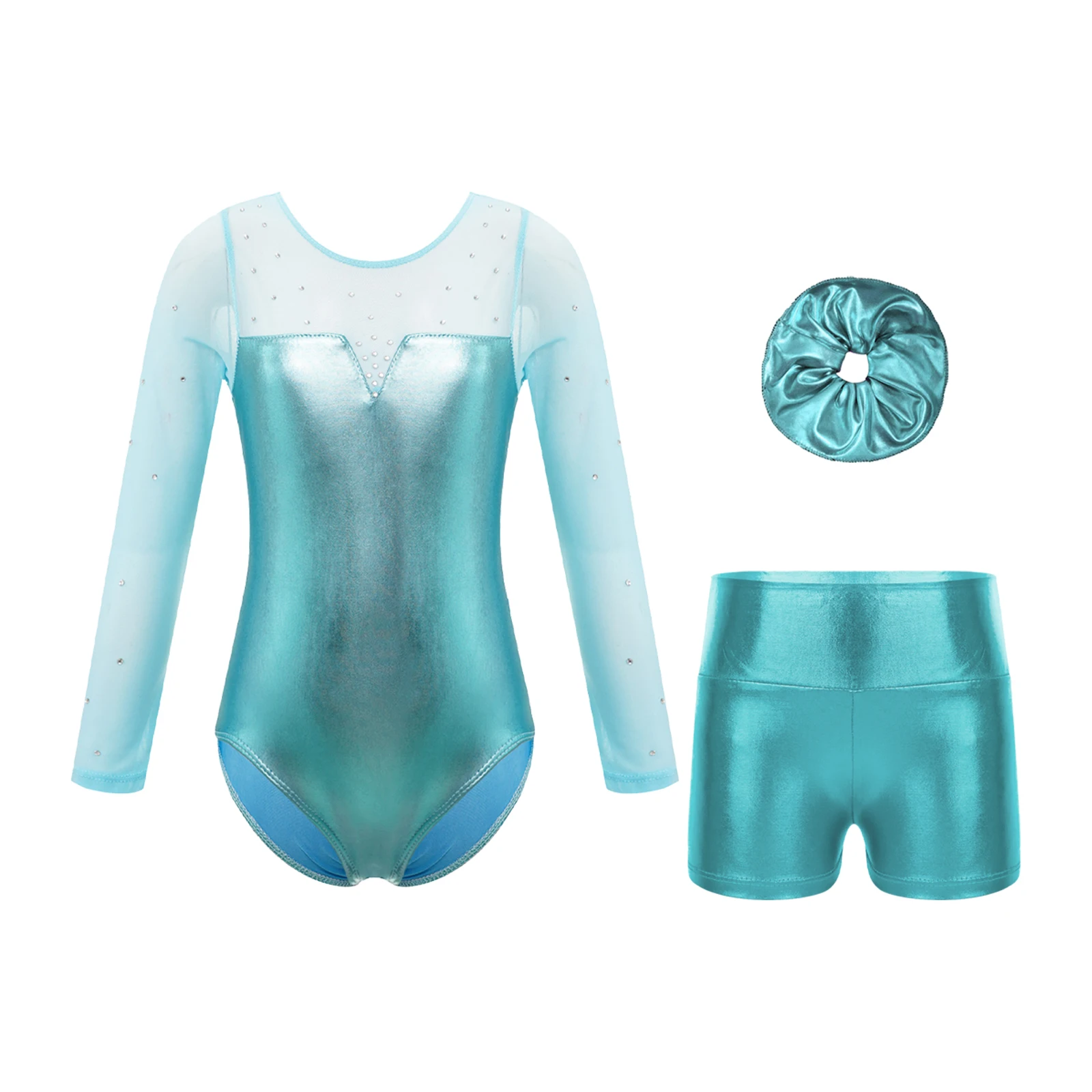 

2024 Kids Girls Gymnastics Leotard Metallic Long Sleeve Sparkly Rhinestones Bodysuit+Shorts+Hair Band Set Ballet Dancewear #4-12