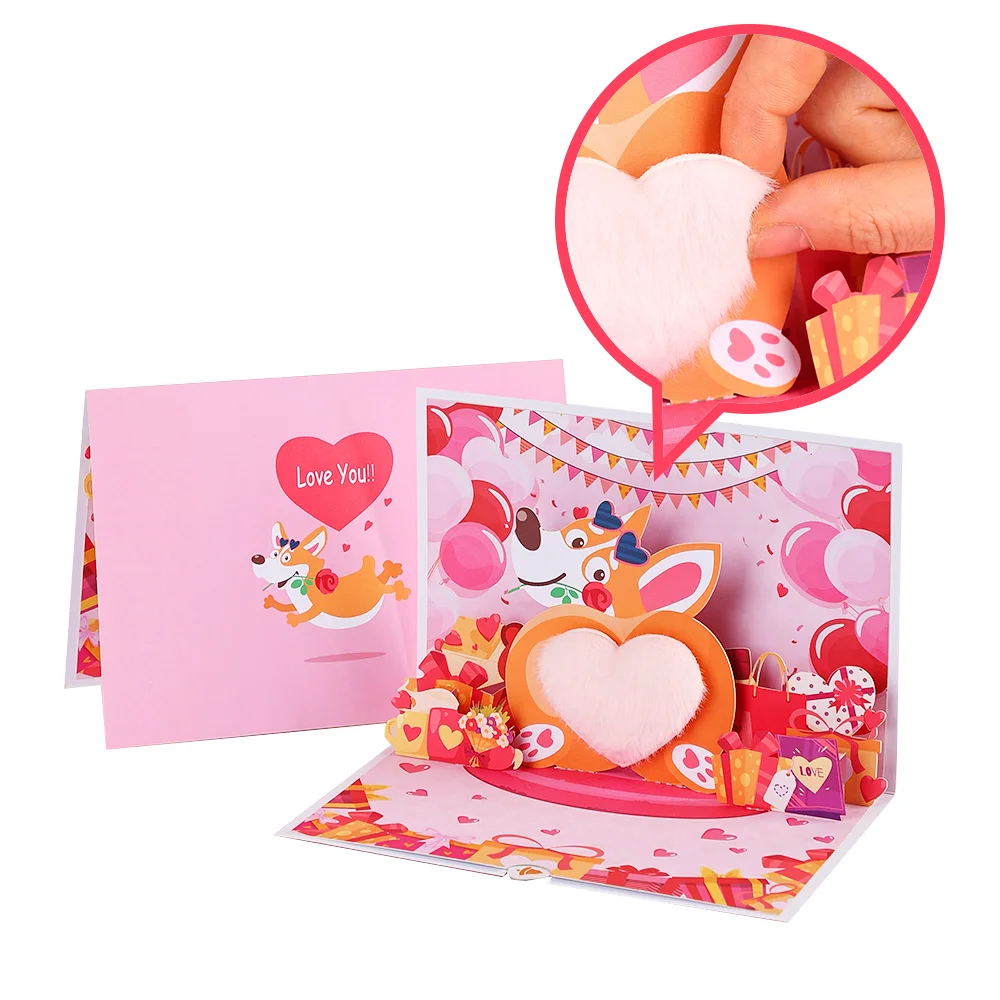 3D Pop-up Greeting Card Lovely Heart Puppy Balloon Cartoon Valentine's Day Gift For Wife Lover Girlfriend