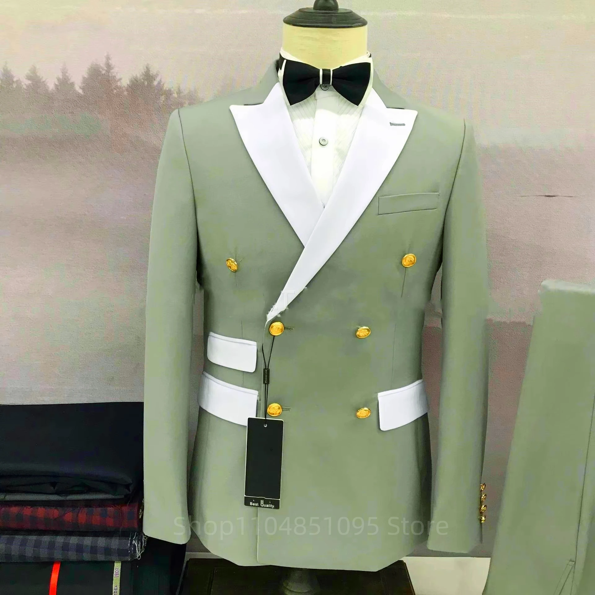 Men's Solid Formal Business Suit 2-Piece Set Peak Lapel Double Breasted Blazer with Trousers for Wedding Smart Casual Men Suits