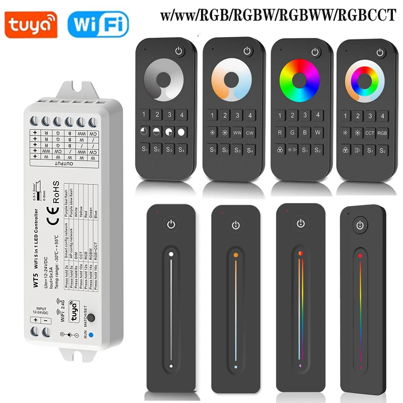 WT5 Tuya Wifi LED Controller 5in1 Dimmer DC12V 24V RGB RGBW RGBCCT LED Strip Light RF 4-Zone Touch Remote Controller for Alexa dc12v 24v rgb full color led strip light controller 6a 3ch display pwm bc 350rf modules dimmer rotary switch