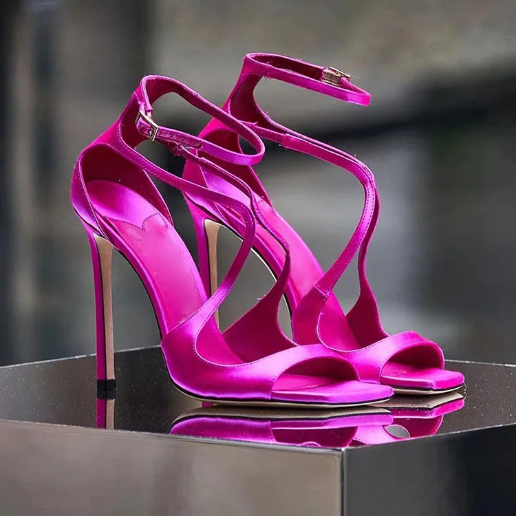 

Sexy Square Peep Toe Crossed Strap High Heel Sandals Purple Fuchsia Silk High Heel Woman Ankle Strap Cutout Banquet Shoes