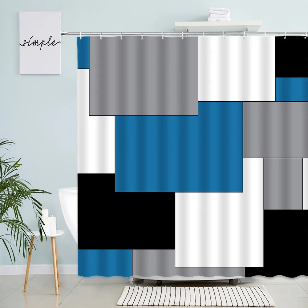 

Abstract Geometric Shower Curtains Blue Black Gray White Square Stripes Modern Pattern Fabric Man Bathroom Decor Sets with Hooks