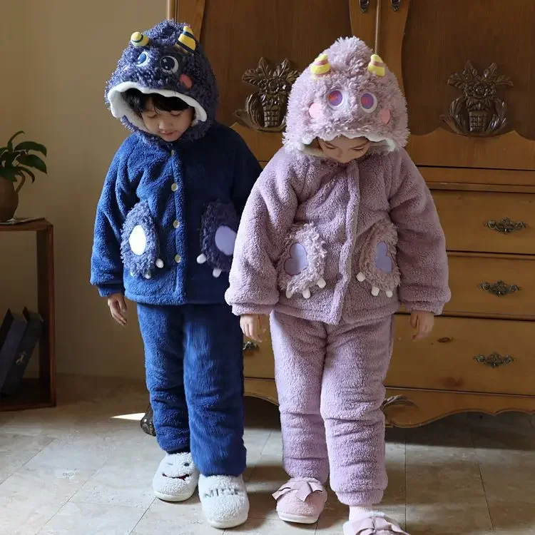 

Baby's Winter Warm Pajama Set Children's Plush Monster Cartoon Pajama Set 2023 Boys Clothes Kids Pajamas