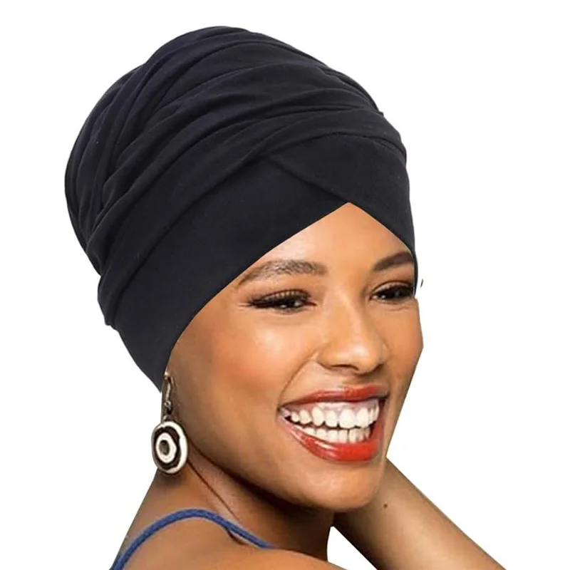 New Women Cotton Head Scarf Turban Hat Solid Color Long Tail Head