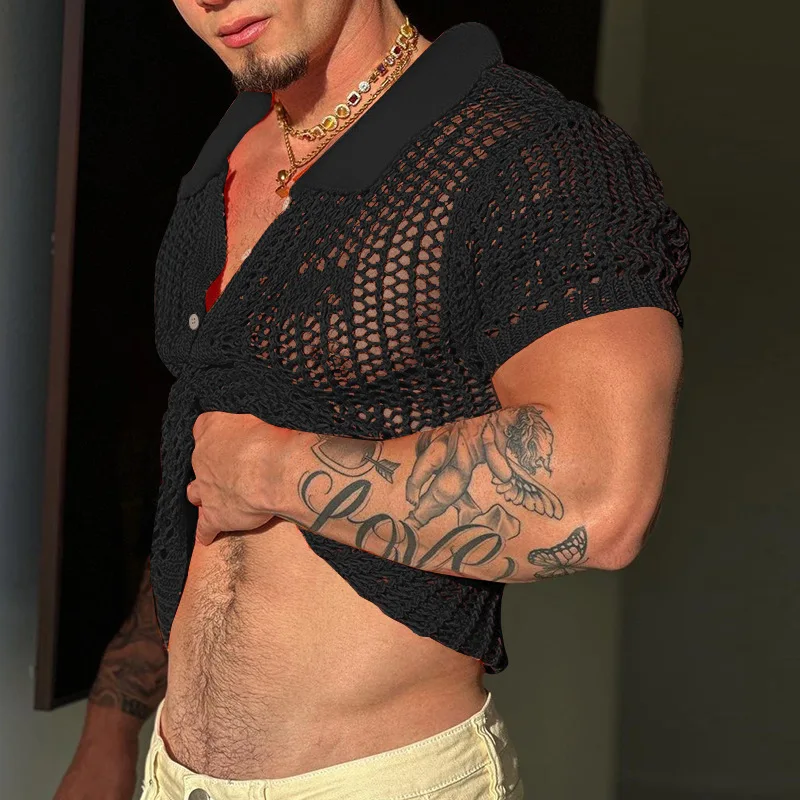 

Summer Mens Shirts Solid Color Versatile Lapel Knit Loose Sheer Short Sleeve T-shirt Mesh Sexy Shirt Trend