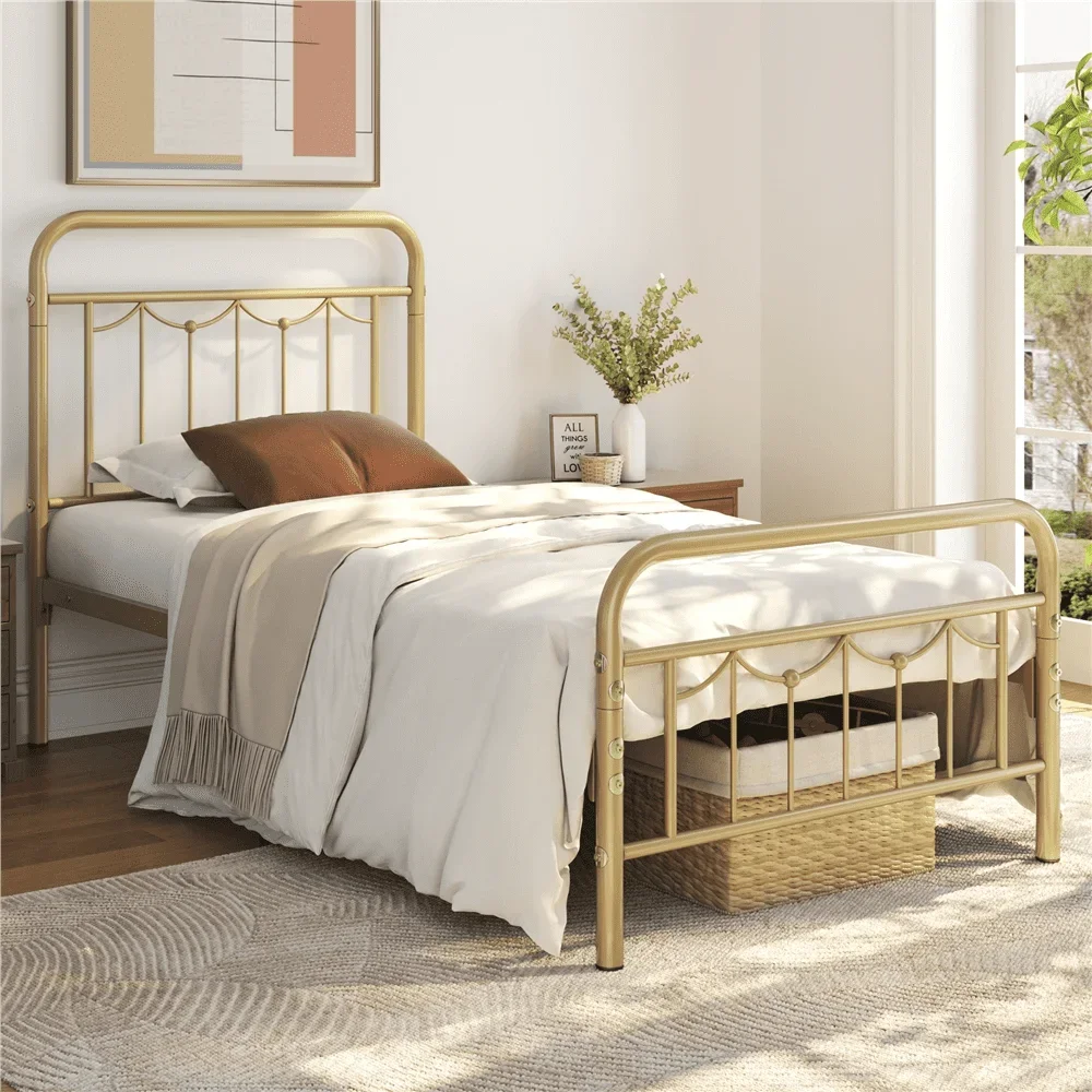 

SmileMart Archie Metal Platform Twin Bed with Vintage Headboard and Footboard, Antique Gold