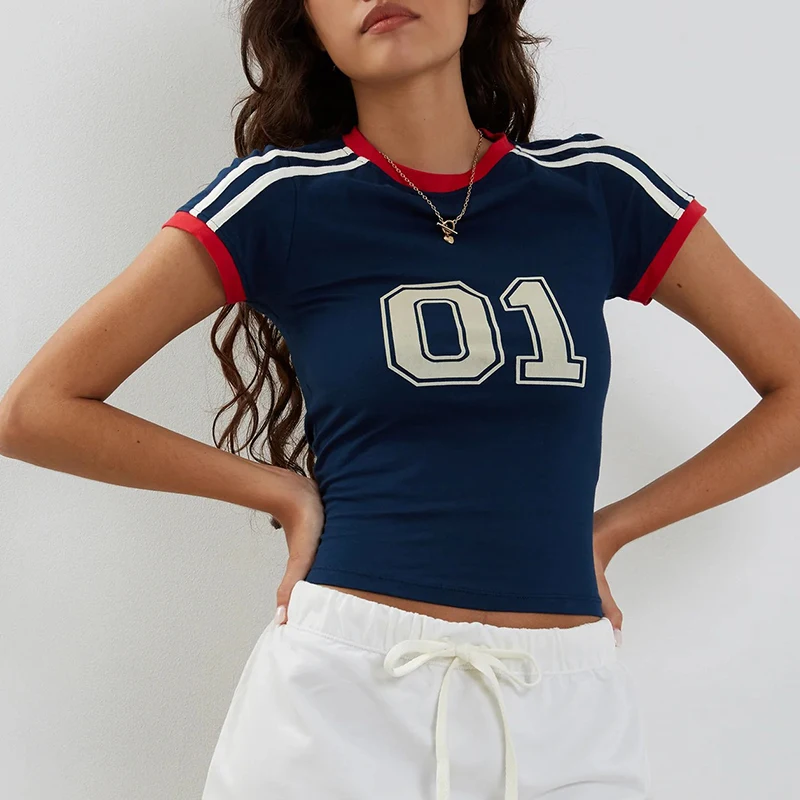 Camiseta minimalista con estampado digital informal de cuello redondo y manga corta para mujer, estilo europeo y americano, novedad Y2K para las cuatro estaciones