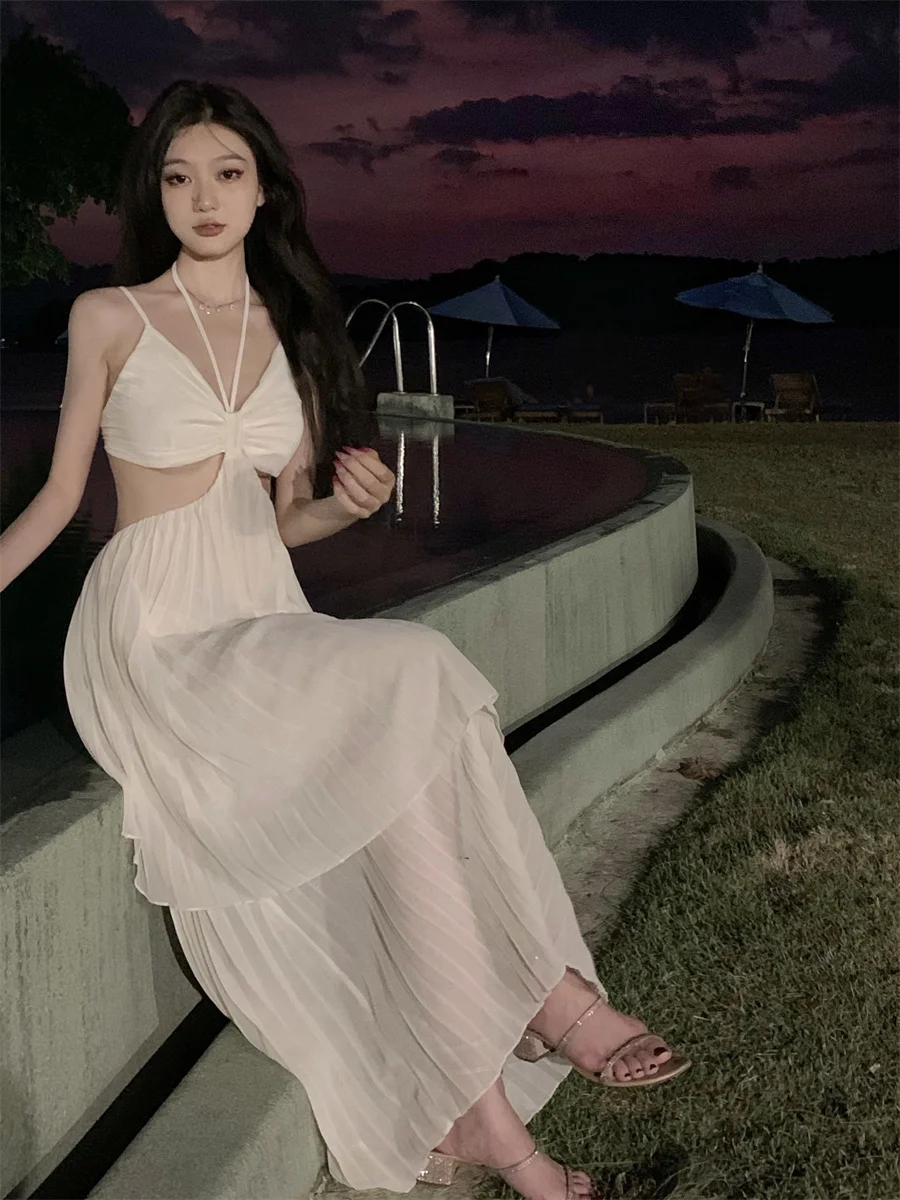 Summer New Fashion Sexy Pleated Holiday Beach Long Dresses for Women Vacation Spaghetti Strap A line Ladies Robe 2025 Sundress