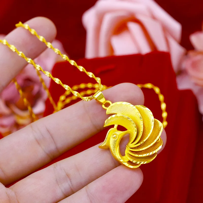 24K real gold peacock women's necklace 999 real gold fashionable European and American retro peacock women's collarbone chain