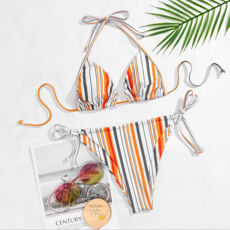 

2022 New Swimwear Ladies Striped Sexy Halter Bikini With Adjustable Split Swimwear Beach Swimwear Women