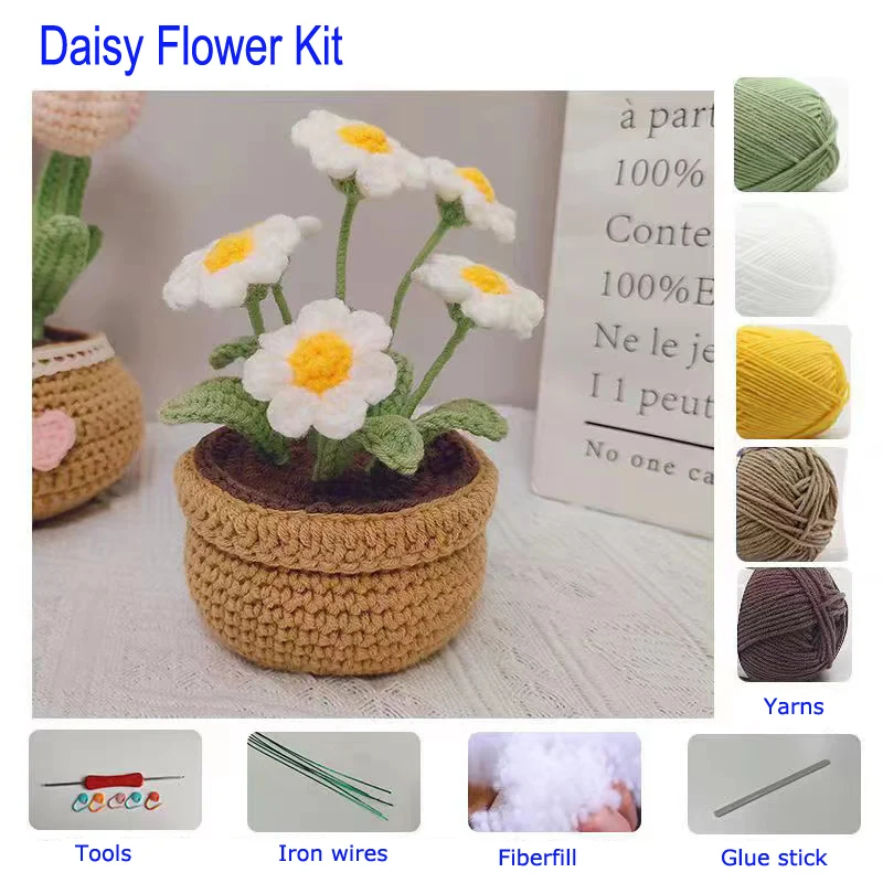 Women Flower Crochet Kit Rose Daisy Lily Tulip Flower Pot Potted Craft Kit  for Beginner Creative Handmade Craft Gift Home Decor - AliExpress