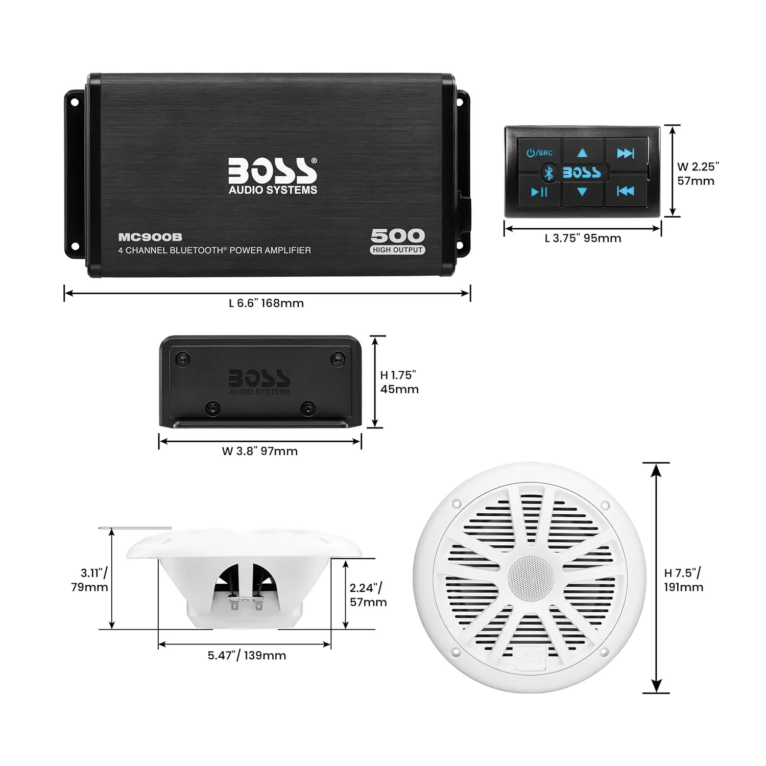 Audio Systems .64 Marine Boat 6.5 inch Speakers and 4 Channel Amplifier-500 High Output, Bluetooth Remote
