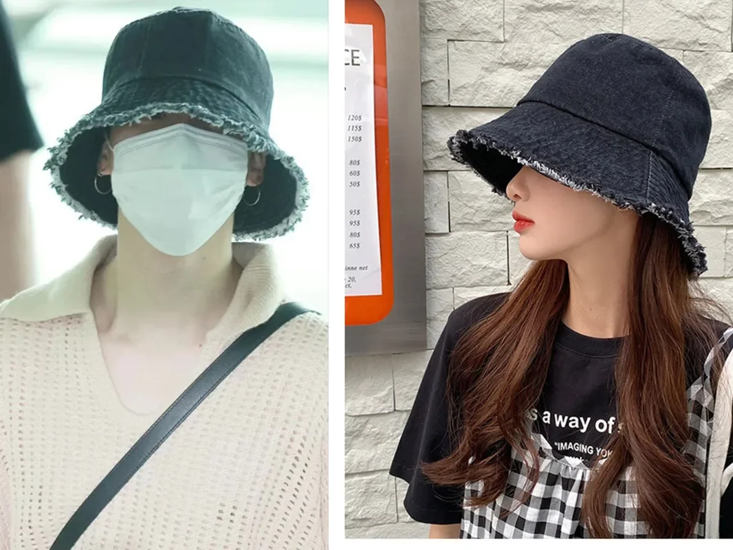 

2022 Japan and South Korea's New JIMIN Retro Raw Edge Denim Fisherman Hat Washed Bucket Hat Sunshade Windproof Accessories Gift