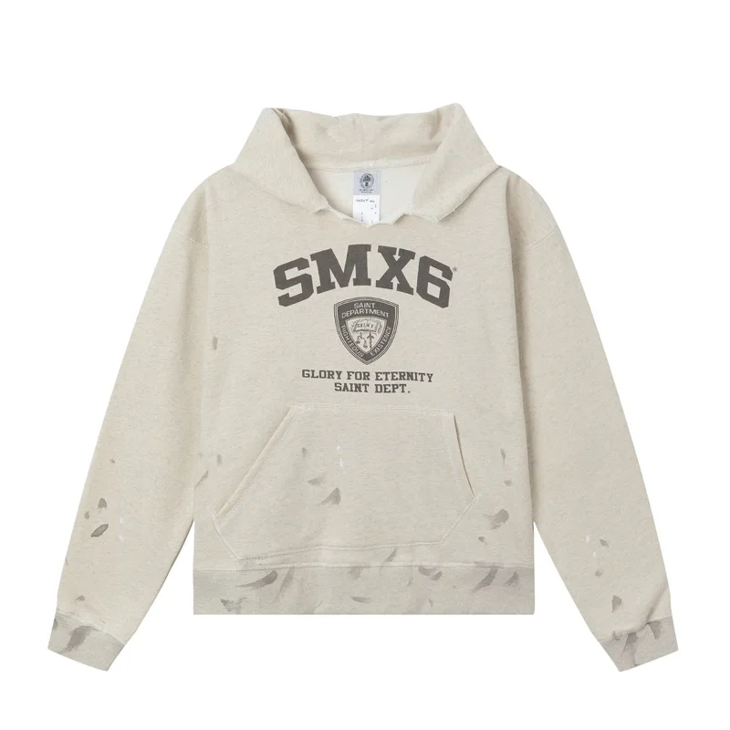 

Soiled Saint Michael Shield Graffiti Pattern Hoodie Men Women Hip Hop Damaged Hole Sweatshirts Vintage Washed Do Old Pullover