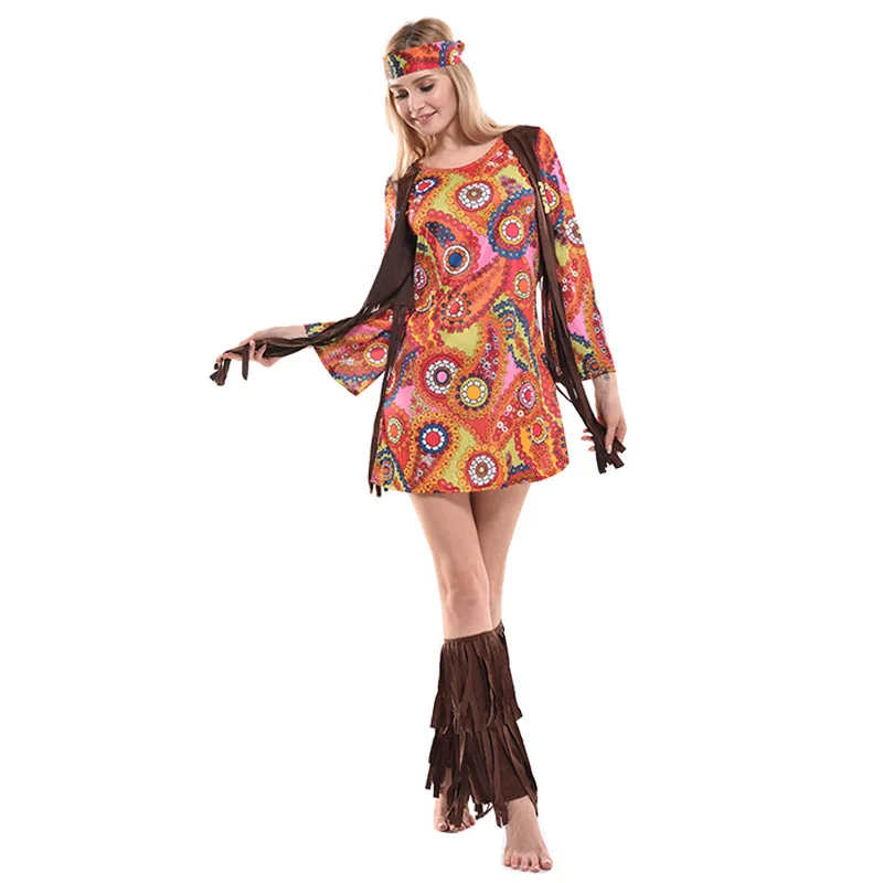 

Adult Flower Printing Woman Hip Hop Singer Cosplay Female Halloween Hippie Costumes Carnival Purim Stage Role Play Party Dress