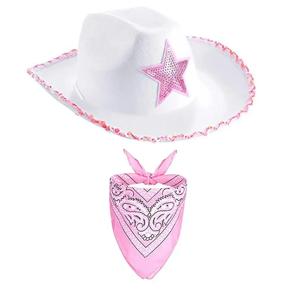Kids Western Cowboy Hat With Head Scarf Set Children Boys Girls Halloween Cosplay Cap Carnival Party Cowgirl Costume Accessory