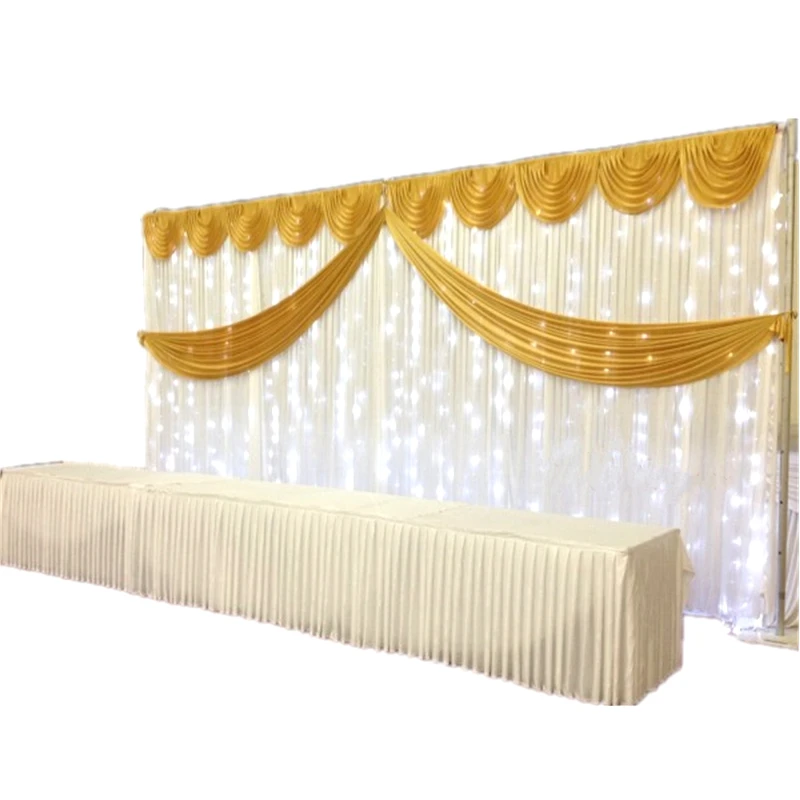 

Gold Ice Silk Backdrop Curtain With LED Light Wedding Stage Background Photo Booth Include Top Swag Drape Event Party Decoration