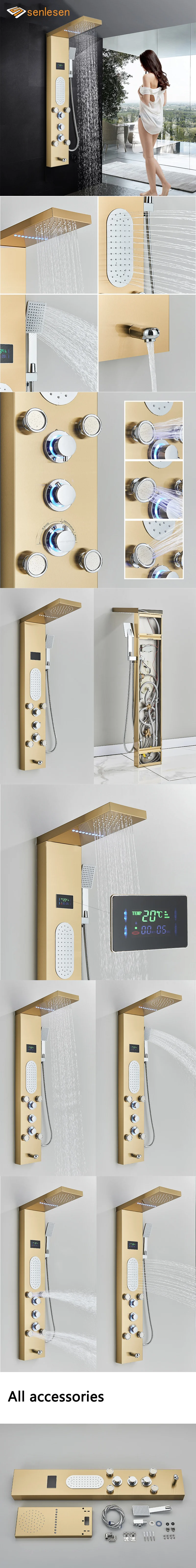Description Picture 2 of itemSenlesen Golden Shower Column LED Shower Panel Wall Mounted Rainfall Shower Faucets W/ Massage Jets Para Bathroom Shower System
