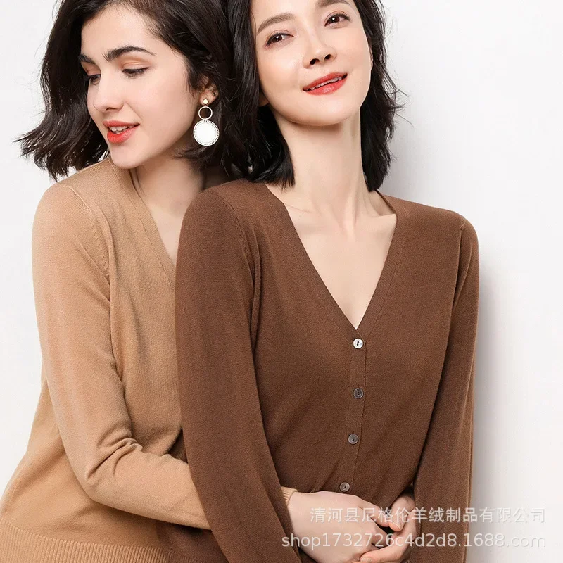 Cardigans Women 2025 Autumn Single Breasted V-neck Knitted Sweater Fashion Short Knitwear Solid Blue Green Pink Women's Jumpers - 4