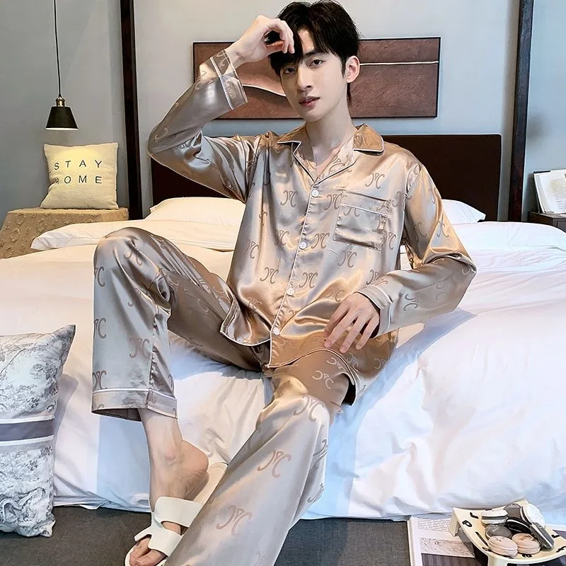 Spring Autumn Men Pajamas Long-Sleeved Trousers Lapel Cardigan Jacquard Ice Silk Male Homewear Large Size Leisure Sleepwear Suit